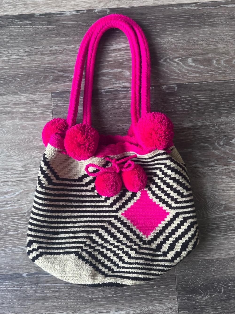 Chila Colombina Handwoven Pink & Black Geometric Pom-Pom Mochila Tote